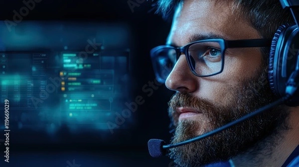 Fototapeta Focused Male Gamer in Headset with Computer Screen in Background