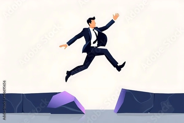 Obraz Businessman Leap of Faith: A stylized vector illustration of a confident businessman in a suit taking a bold leap of faith across a chasm, symbolizing risk-taking, ambition, and overcoming challenges.