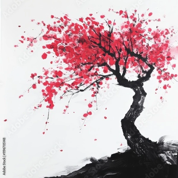 Fototapeta Traditional Chinese Art Style Tree with Vibrant Colored Petals Emerging from a Dark Ground on a White Background
