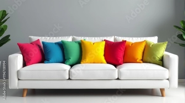 Fototapeta Modern White Sofa Adorned With a Series of Vibrant, Colorful Pillows Arranged in a Gradient Pattern.
