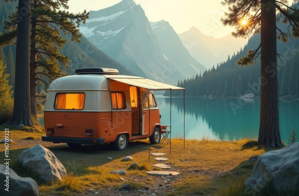 Fototapeta Retro camper van is parked by lake. Sun is setting behind mountains, casting warm glow over scene. Camper van is surrounded by trees, and water is calm and serene.