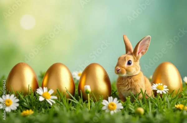 Fototapeta Easter bunny and golden Easter eggs on green grass meadow. Easter spring greeting card. Easter rabbit and easter eggs background with copy space.