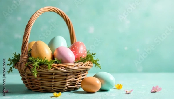 Fototapeta Basket with Easter colorful eggs on blue background with copy space. Spring easter background.