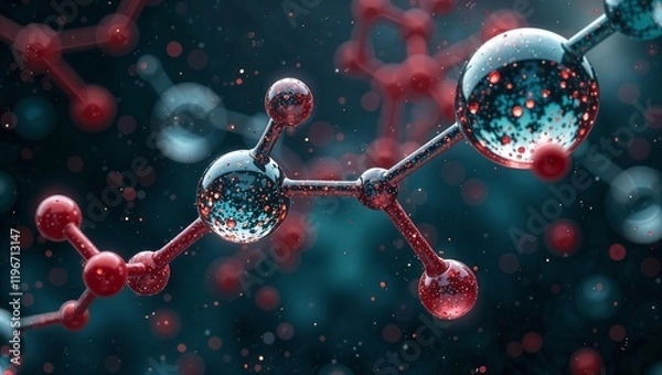 Fototapeta Abstract representation of molecular structures and chemical reactions with colorful molecules in laboratory setting. Colorful molecules forming chemical structure with bonds