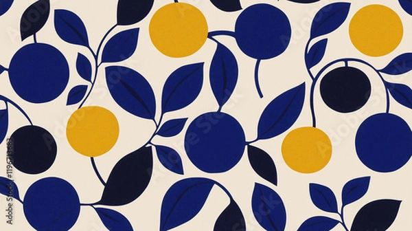 Fototapeta Bold Botanical Print:  A vibrant and stylish seamless pattern featuring bold blue and yellow fruit with dark blue leaves on a neutral beige background.