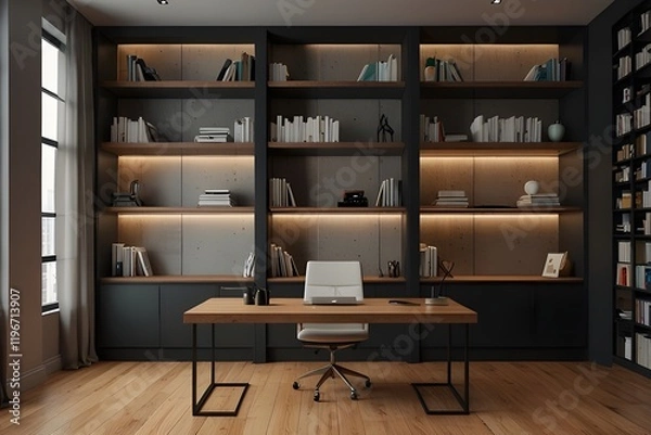 Fototapeta zoom virtual background of office room with bookcase professional remote work setup Generative AI