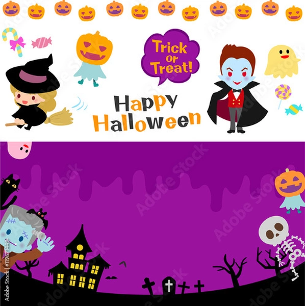 Fototapeta ハロウィンのバナー、イラスト、ラインのセット