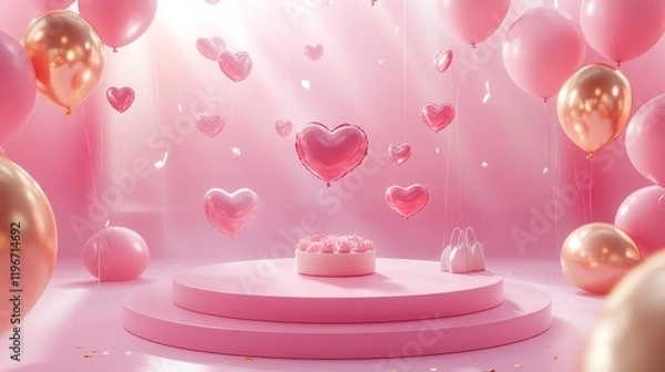 Fototapeta Elegant valentine promotional scene, pink circular stage platform, artisanal dessert presentation, floating balloons in heart shapes, premium retail bag accessory, scattered heart elements, soft