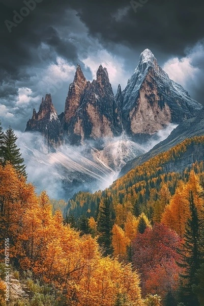 Obraz Mountain range with dramatic clouds over autumn forest and mist, showcasing natures beauty in the Dolomites, perfect for travel and outdoor adventure themes.