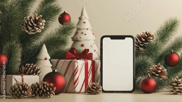 Fototapeta holiday product display scene, blank mobile phone screen, wrapped presents with winter pattern, peppermint stripe spherical ornaments, natural pine cones, wooden decorative trees, fresh pine