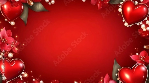 Fototapeta Red Hearts Flowers Pearls Elegant Valentines Day Design