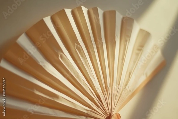 Fototapeta Pale paper fan, sunlight, delicate folds, wooden handle.