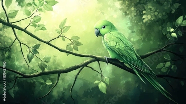 Fototapeta Green parrot perched on a branch in a lush forest, sunlight filtering through leaves.