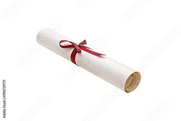 Fototapeta A simple rolled parchment tied with a thin red ribbon, minimalistic and symbolic of an academic or professional accomplishment, isolated on a transparent background