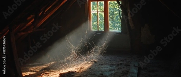 Fototapeta Spiderweb illuminated by soft light in a quiet attic space with natural details