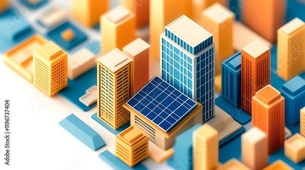 Fototapeta Innovative Solar Powered Skyscraper in Vibrant Isometric City Landscape