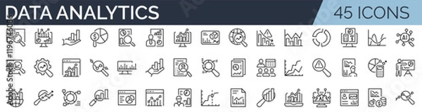 Fototapeta Set of 45 outline icons related to data analytics. Linear icon collection. Editable stroke. Vector illustration	