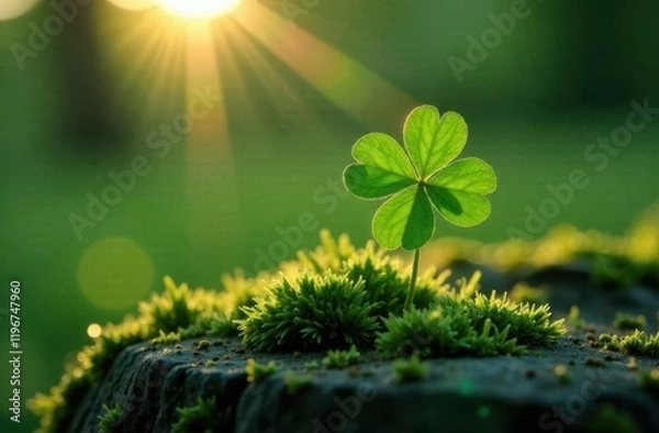 Obraz A four-leaf clover found in the forest. Blurred sunny green background