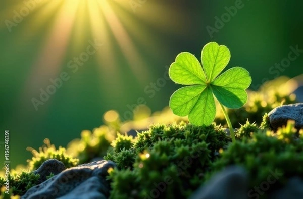 Obraz A four-leaf clover found in the forest. Blurred sunny green background
