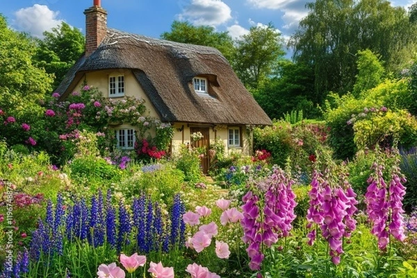 Fototapeta Charming thatched cottage with vibrant garden in a picturesque setting