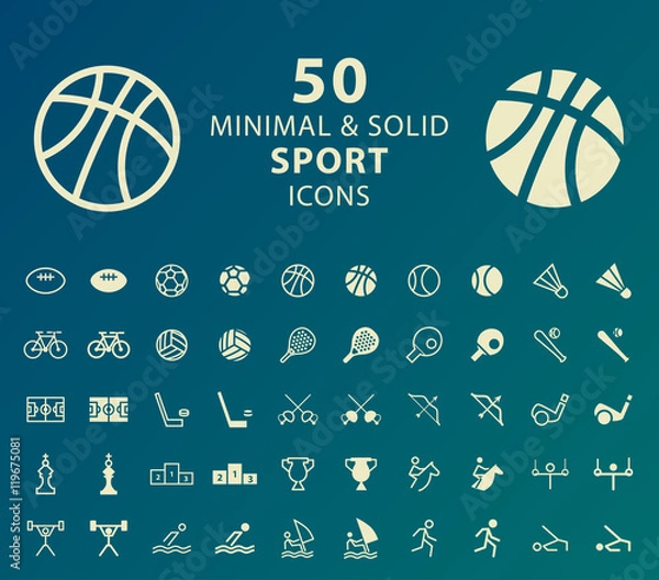 Fototapeta Set of 50 Minimal and Solid Sport Icons. Vector Isolated Elements.