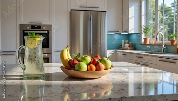 Fototapeta Refreshing lemonade and fresh fruit on a kitchen counter.  Sunlight streams through a window, illuminating a bright and healthy scene.