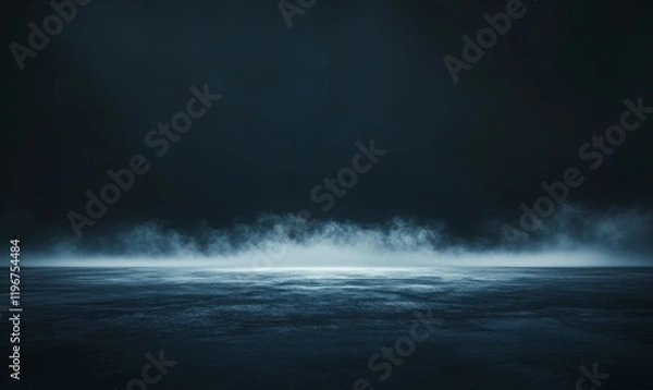 Fototapeta Abstract image of dark room concrete floor. Black room or stage background for product placement.Panoramic view of the abstract fog. White cloudiness, mist or smog moves on black background