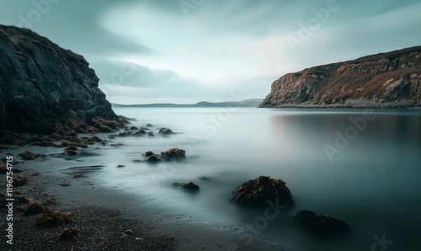 Fototapeta abstracted coastline in the morning with a calm sea and soft focus, coastal scene, coastal landscape