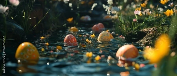 Fototapeta Colorful Easter eggs drift peacefully in a serene stream surrounded by vibrant spring flowers