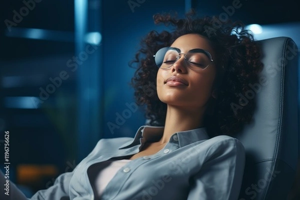 Fototapeta Manager relaxing in comfortable office chair with eyes closed, enjoying a quiet moment of peace and tranquility