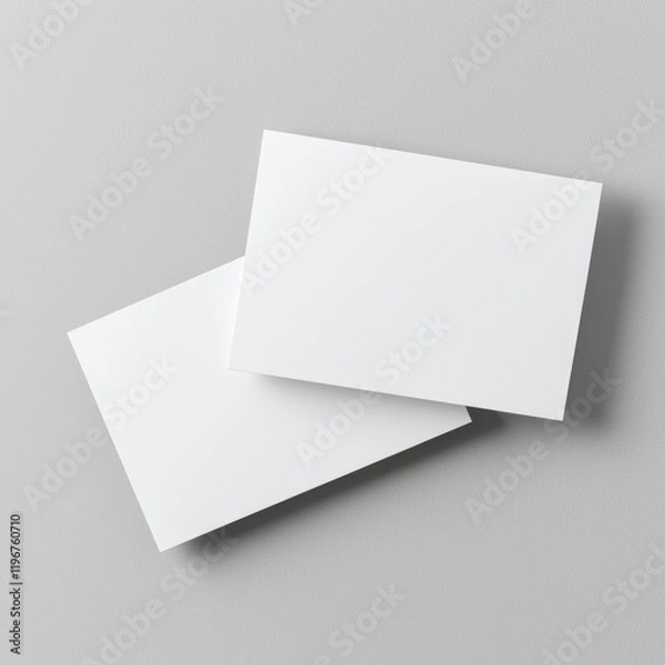 Fototapeta Two blank white cards placed on a light gray surface, showcasing a minimalistic and clean design suitable for various creative purposes.