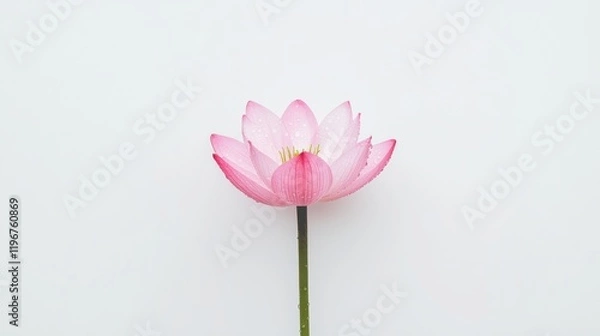 Obraz A delicate pink lotus flower stands elegantly against a minimalist white background, symbolizing beauty and tranquility.