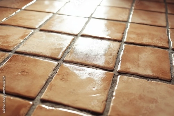 Obraz Detailed view of a tile floor showing the individual pieces and their reflections on a wet surface.