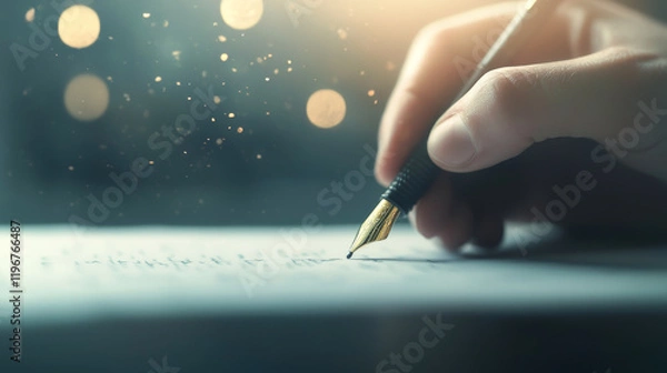 Obraz A person writing elegantly with a fountain pen, capturing creativity and inspiration.