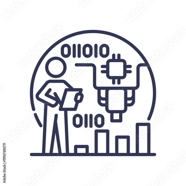 Fototapeta Illustration of a person with a tablet, binary code, and a robot, symbolizing digital learning and technology.