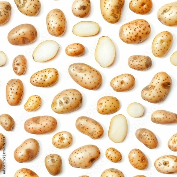 Fototapeta Fresh raw potatoes, whole and halved, creating a visually appealing pattern on a clean white backdrop