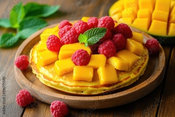 Fototapeta Delicious fruit topped pancakes on a wooden platter with raspberries and mango slices.