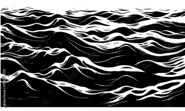 Fototapeta Water linocut black and white water background minimal, vector