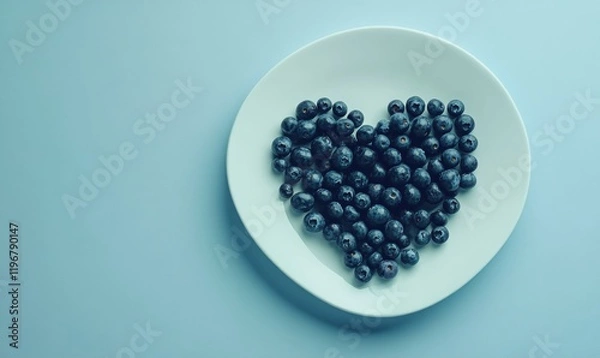 Fototapeta Blueberries in a white plate in the shape of a heart. Blueberry Berries on a light blue background. Valentine's Day