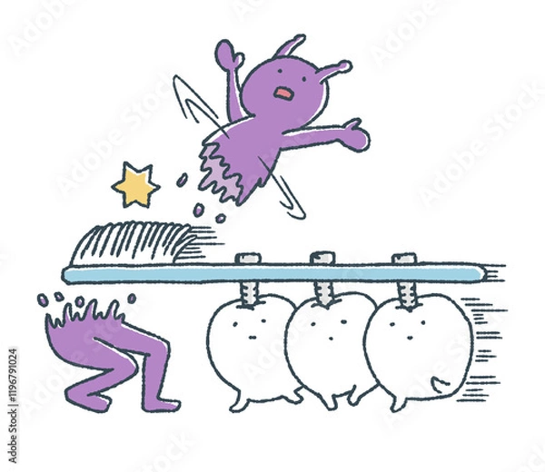 Fototapeta ゆるい歯たちは歯ブラシで突撃して虫歯菌を撃破する