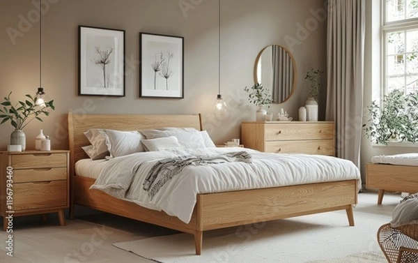 Fototapeta Scandinavian bedroom with light wood furniture, soft linens, and a calm atmosphere