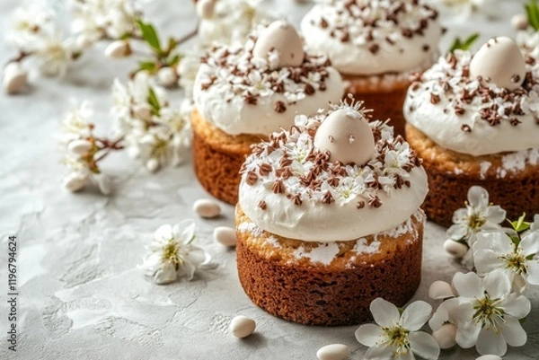 Fototapeta Delicious spring-inspired cupcakes topped with cream, chocolate shavings, and decorative eggs surrounded by blooming flowers