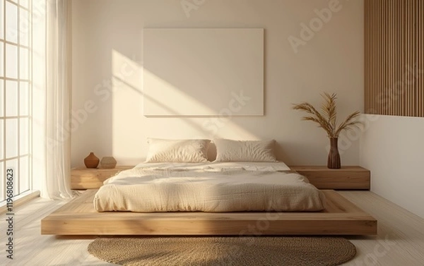 Fototapeta Minimalist Scandinavian bedroom with a low wooden bed, soft neutral bedding, and simple wall art