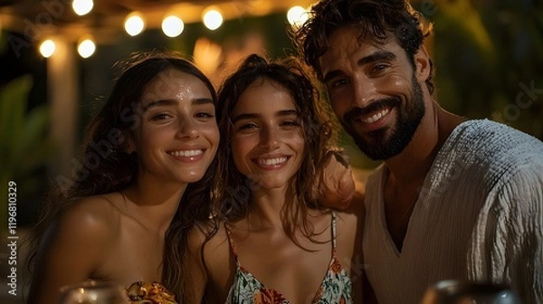 Fototapeta Close up of a family sharing a warm and joyous barbecue evening together under the starry night sky celebrating and bonding in a casual and festive atmosphere