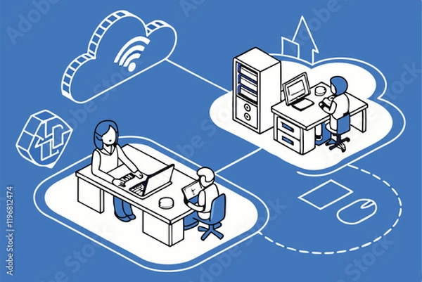 Obraz Cloud computing, network diagram, office workers at desks, data server, digital connectivity, information sharing, blue and white color scheme, minimalist illustration, flat design, business technolog