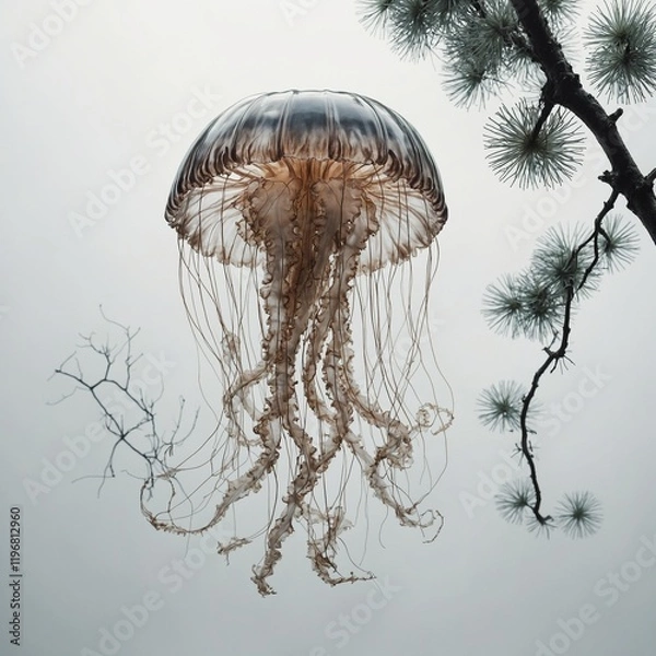 Fototapeta A surreal depiction of a jellyfish with tree-like branches extending from its bell on a clean white background.