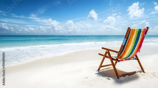 Fototapeta A vibrant and eye catching beach chair sits on a pristine white sand beach with gentle waves lapping at the shore and a serene blue sky overhead  This picturesque scene invites you to relax unwind