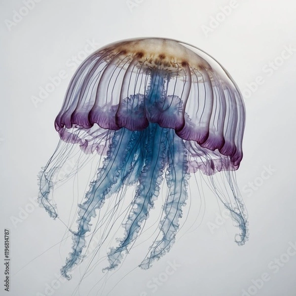 Fototapeta A realistic depiction of a moon jellyfish with its transparent body and radial symmetry on a pure white background.