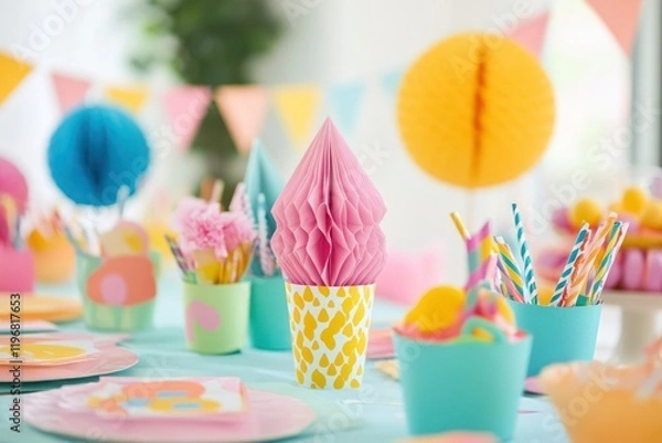 Fototapeta Colorful Party Setup with Ice Cream Theme Featuring Pink Napkins, Festive Decorations, and Vibrant Tableware for Celebrations and Gatherings