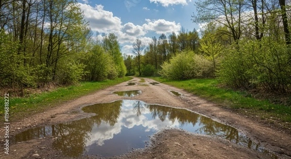 Obraz Serene spring forest path with puddles reflecting blue sky and clouds